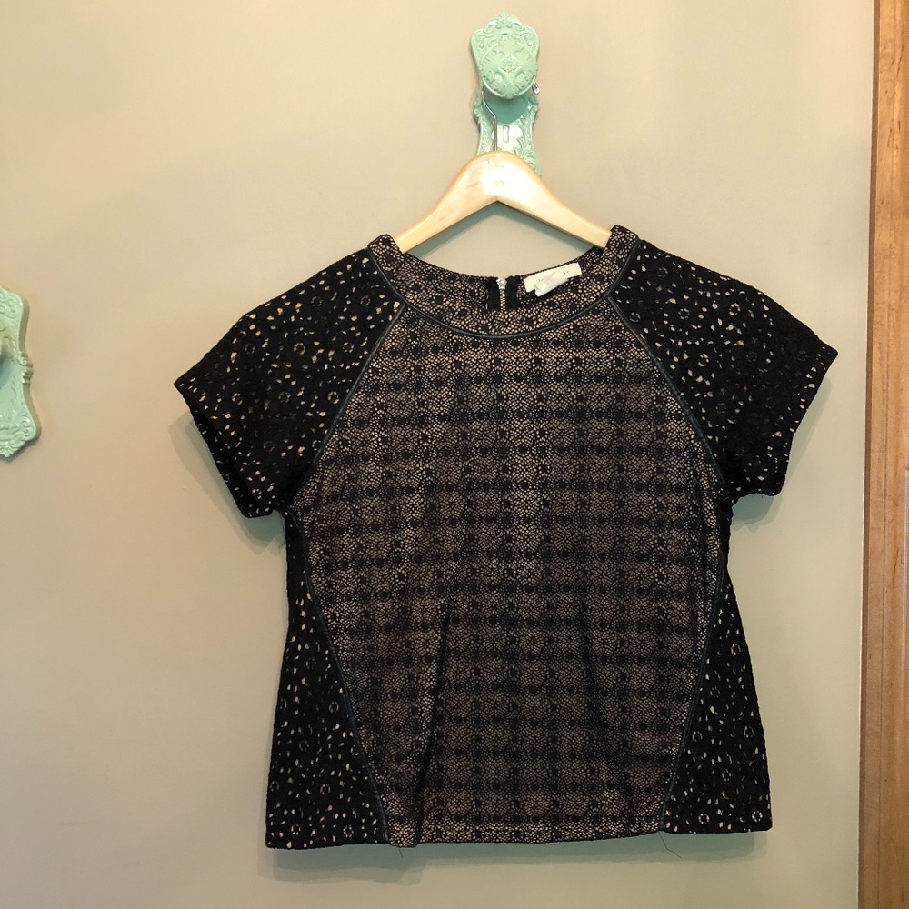 Lace Black Blouse w/ Leather Trim